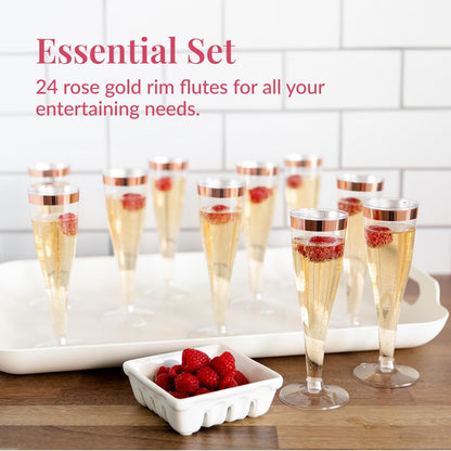 Prestee Set of 24 Plastic Champagne Flutes with Rose Gold Rim - 4.5 oz - Shatterproof Disposable
