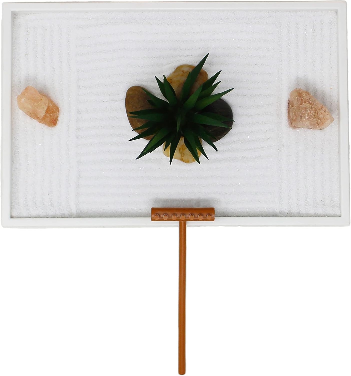 Nature's Mark Mini Zen Garden Kit for Desk with White Sand, Rake, White Base, Salt Rock and Air