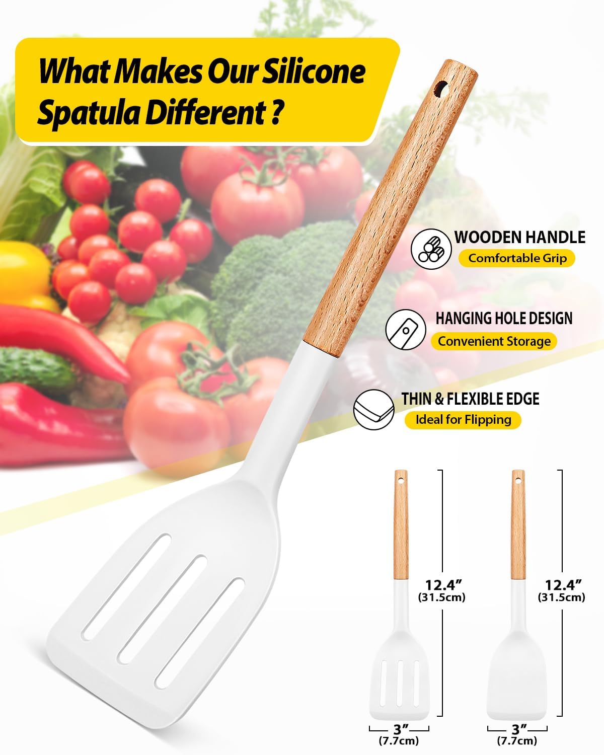 Pack of 2 Silicone Cooking Spatula, Heat Resistant Solid Turner, Non Stick Slotted Spatulas with