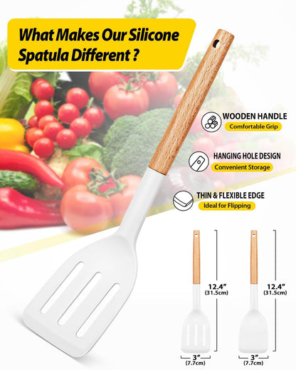 Pack of 2 Silicone Cooking Spatula, Heat Resistant Solid Turner, Non Stick Slotted Spatulas with