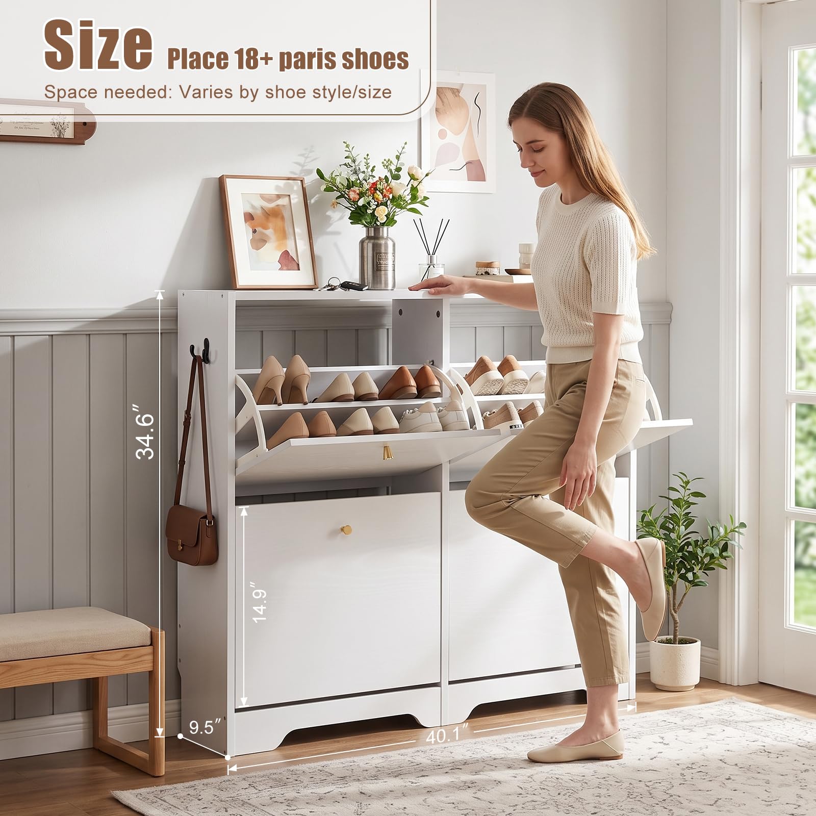 Nicetree Shoe Cabinet, 4 Flip Drawers Slim White Entryway Storage