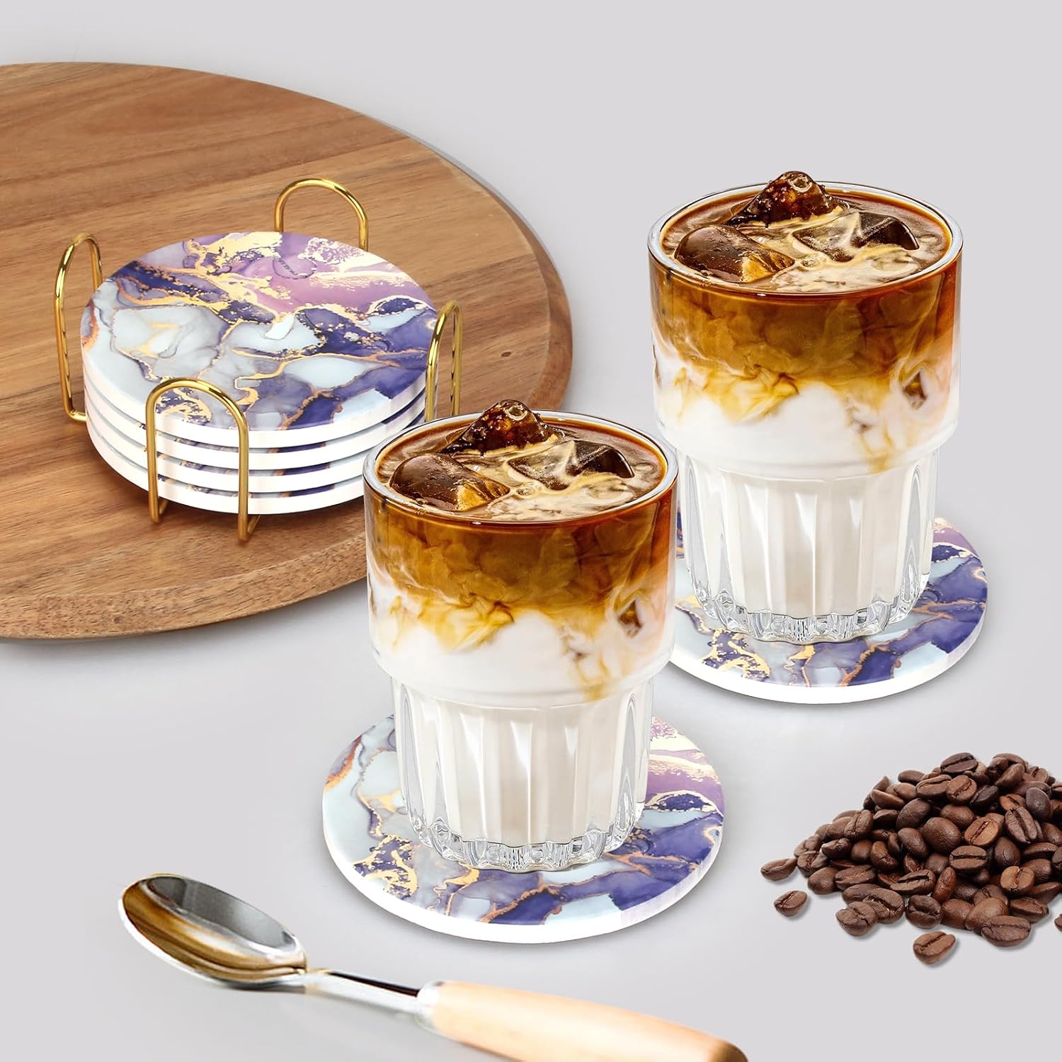Purple Agate Coasters with Holder Drink Coaster Set of 6 Modern Marble Coasters Unique Coaster for