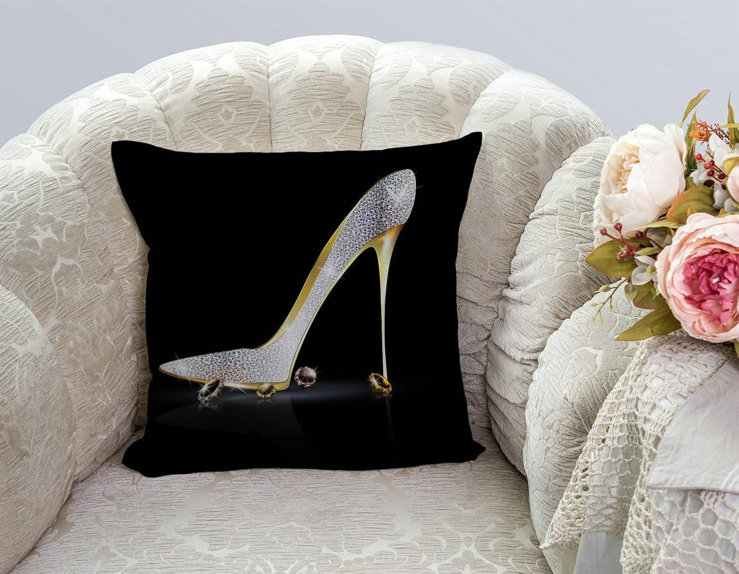 TSSOHU Square Decorative Throw Pillow Case Cushion Cover,Fashion Lady High Heel Shoe with Diamonds