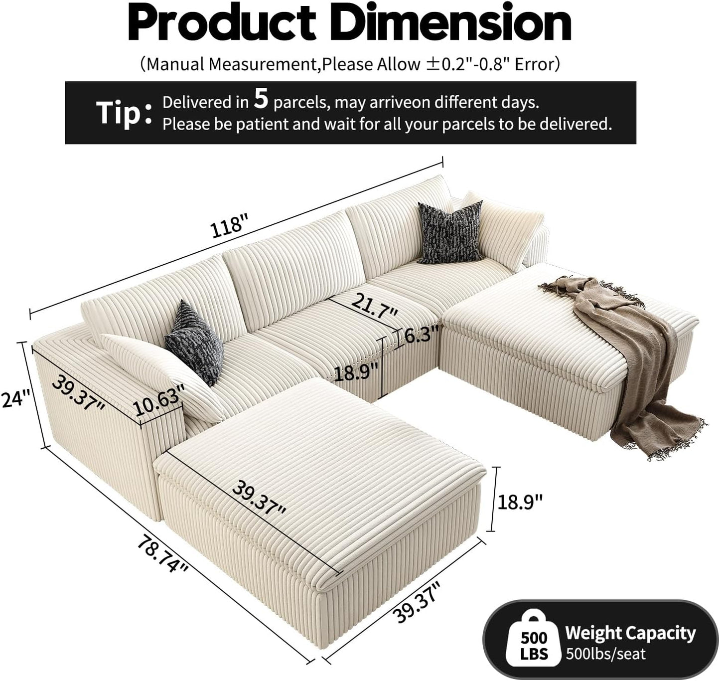 118" Cloud Couch Modular Sectional Sofa for Living Room,Modern Sofa with Deep Seat，U-Shape Boneless