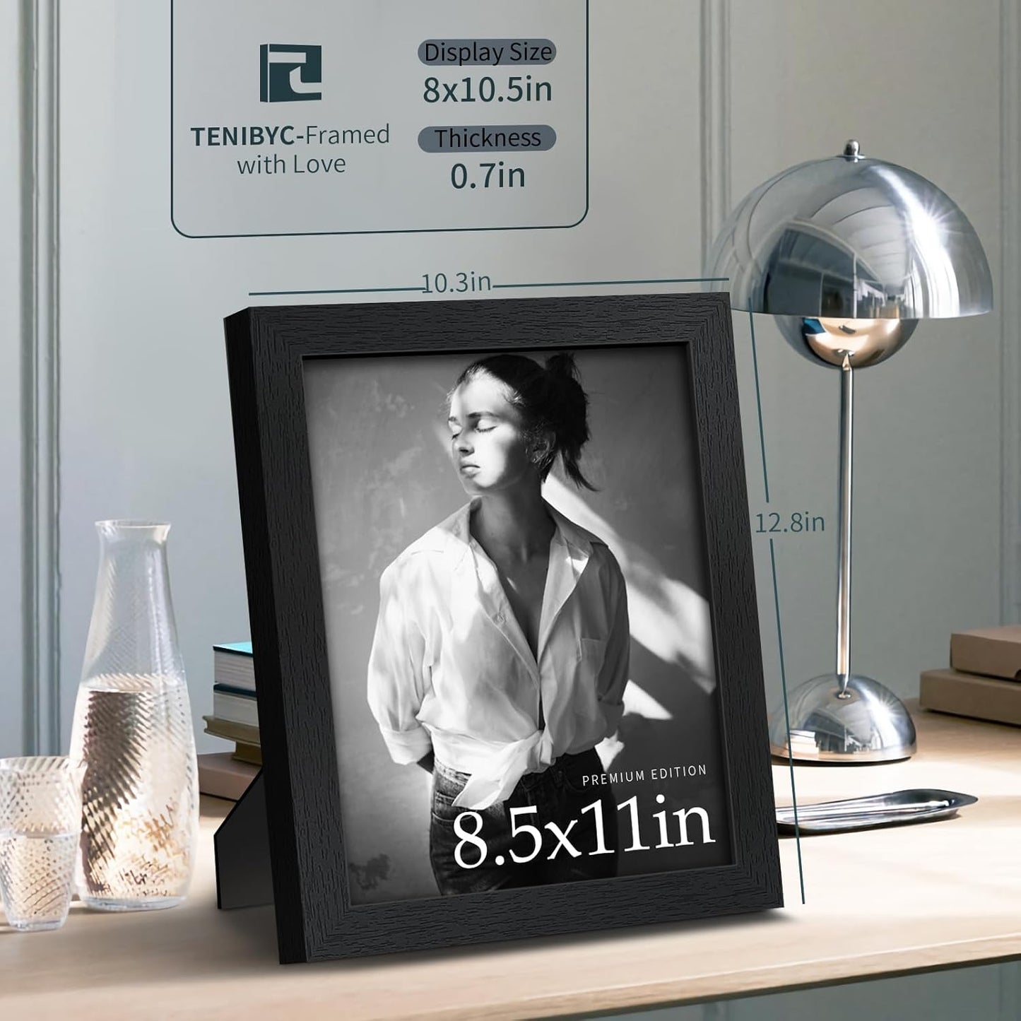 8.5x11 Picture Frame Set of 3 - Black Woodgrain, Solid Wood & HD Tempered Glass, Table Display or