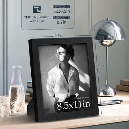8.5x11 Picture Frame Set of 3 - Black Woodgrain, Solid Wood & HD Tempered Glass, Table Display or