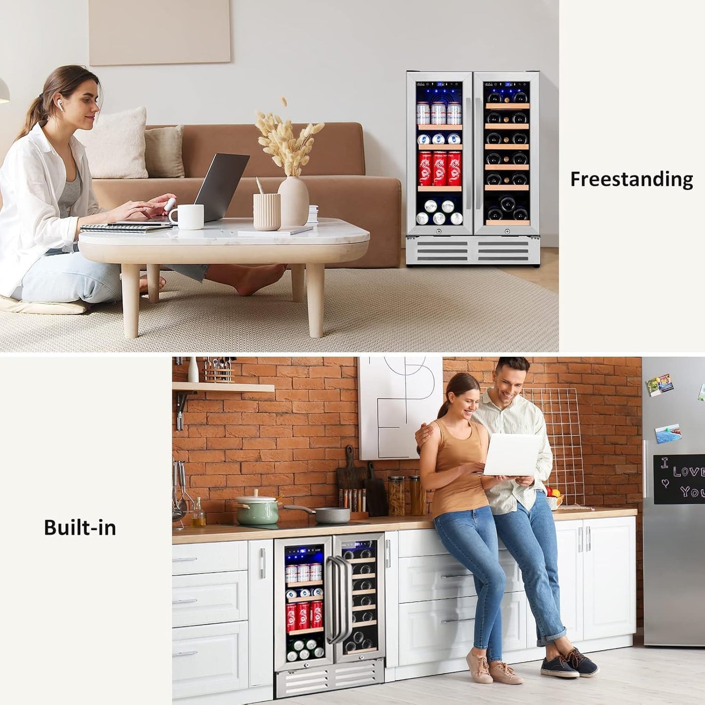 Wine and Beverage Refrigerator, 24 Inch Dual Zone Fridge with Glass Door, Built-In Cooler with