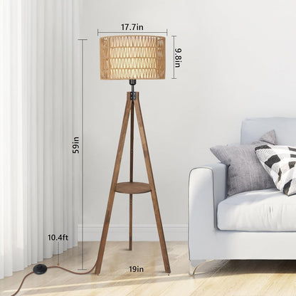 Boho Tripod Floor Lamps for Living Room, Rattan Wood Floor Lamp with Fabric Shades, Mid Century