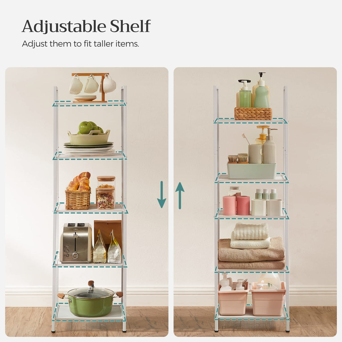 SONGMICS 5-Tier Storage Rack, Bathroom Shelf, Extendable Plant Stand with Adjustable Shelf, for