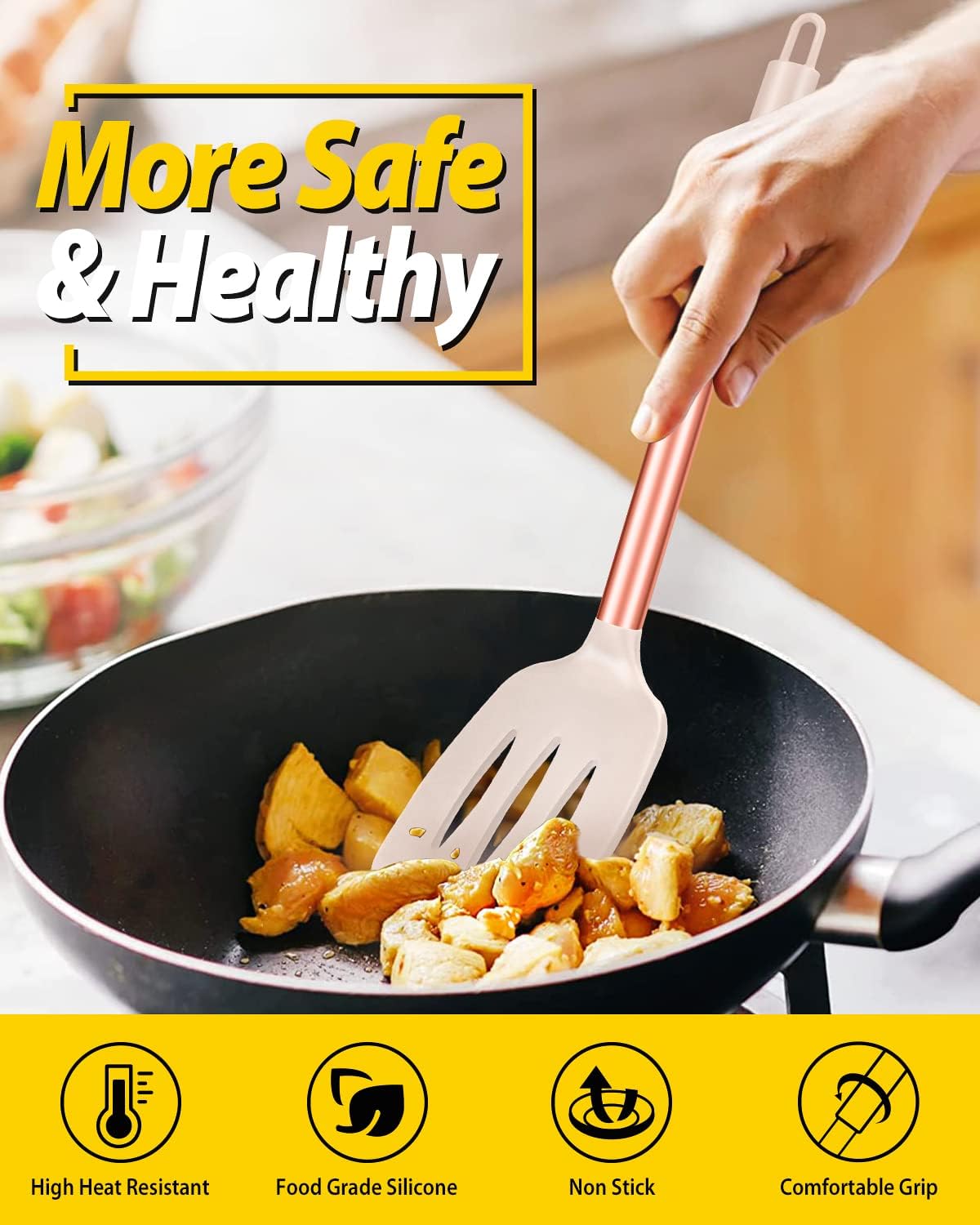 Pack of 2 Silicone Solid Turner, Non Stick Slotted Kitchen Spatulas, High Heat Resistant BPA Free