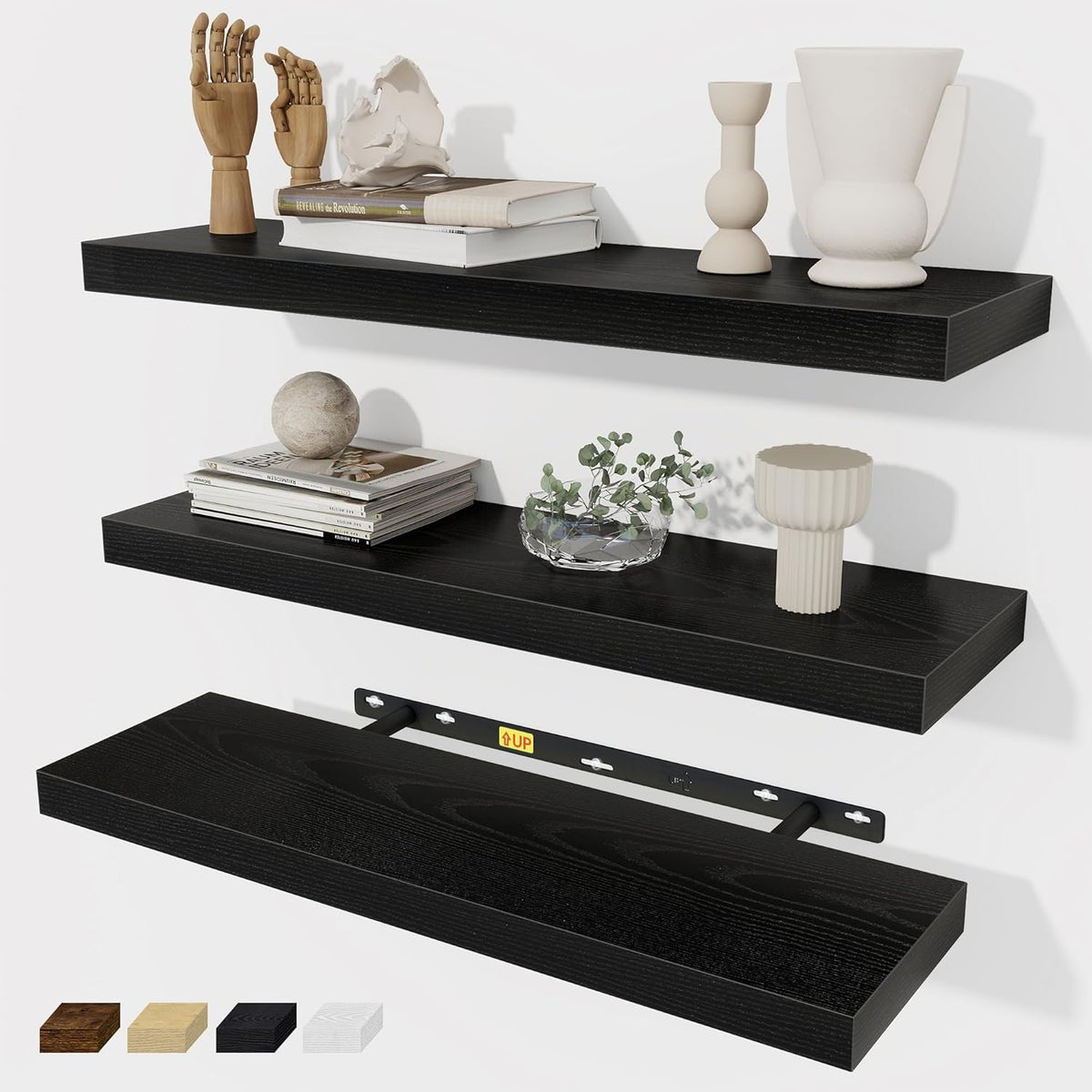 Fun Memories Black Floating Shelves Wall Shelf 24 Inch Long, Rustic Bathroom Shelves, Wall Mounted