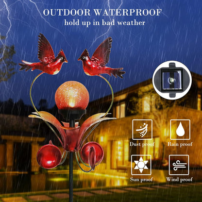 VCUTEKA Cardinal Solar Lights Outdoor Metal Garden Stake Waterproof Crackle Glass Globe Garden