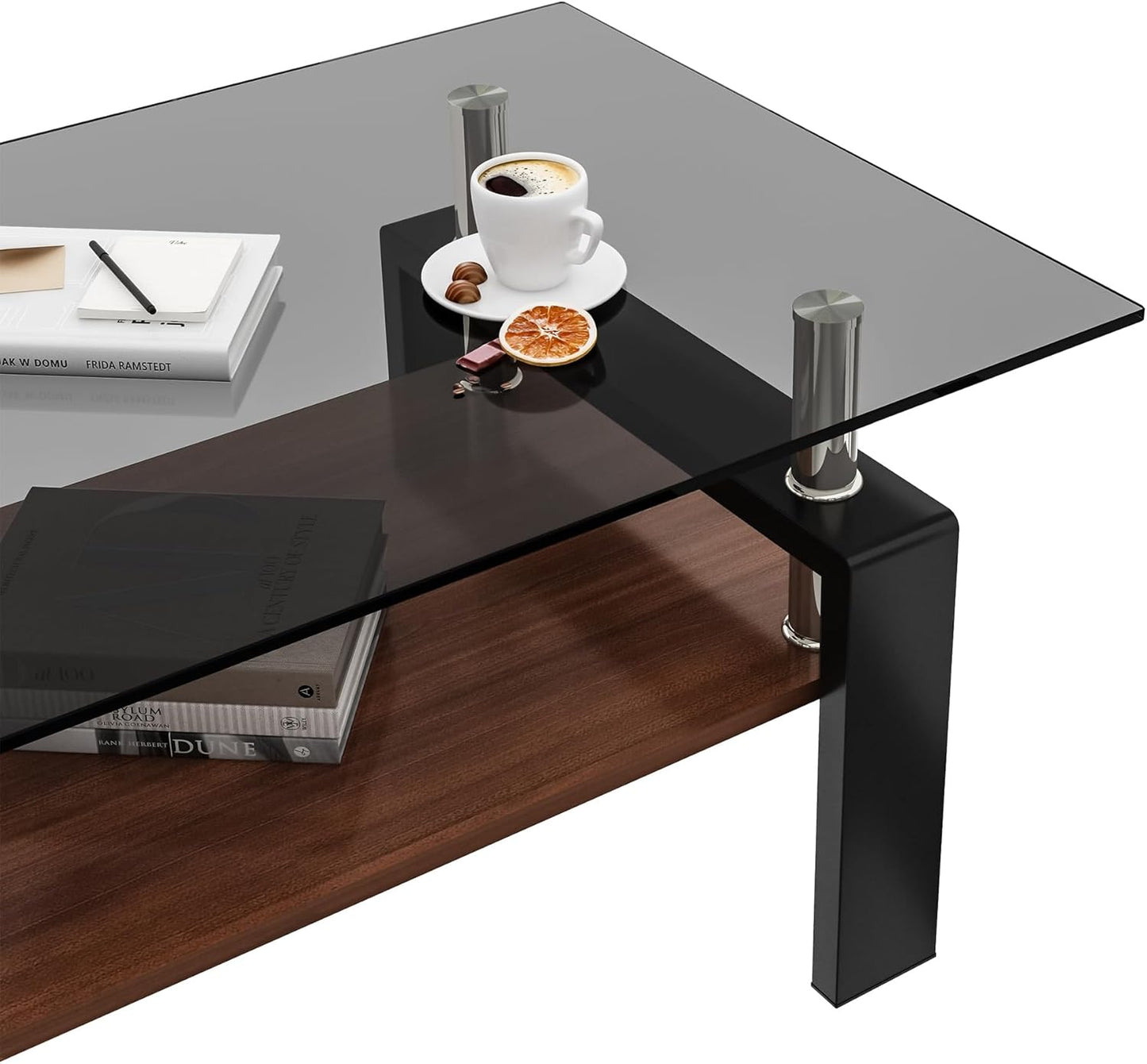Glass Coffee Table Rectangle Living Room Center Table, with Gray Tempered Glass Tabletop and Brown