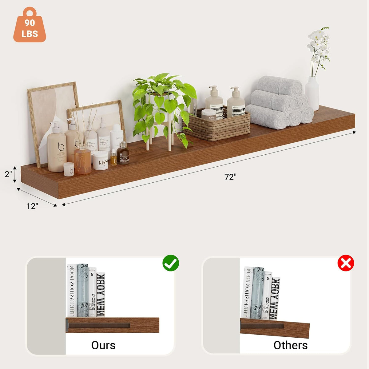 Heimlove 12 Inch Deep Floating Shelves, 72 x 12 inches Long Wall Shelf, Large Extra Display Shelf &