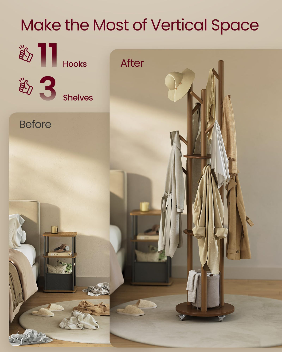 VASAGLE Freestanding Coat Rack Stand, Coat Tree with 11 Hooks, 3 Shelves, 4 Removable 360° Swivel