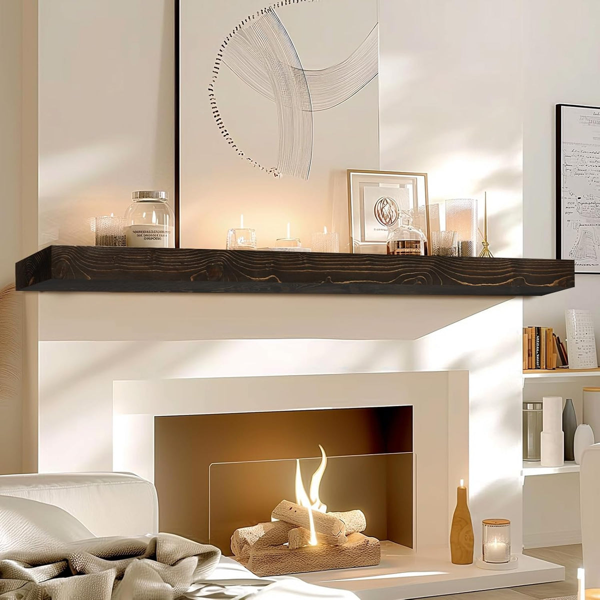 60x8x3 Fireplace Mantel - Solid Rustic Wood - Wall Mounted Floating Shelf with Invisible Heavy Duty