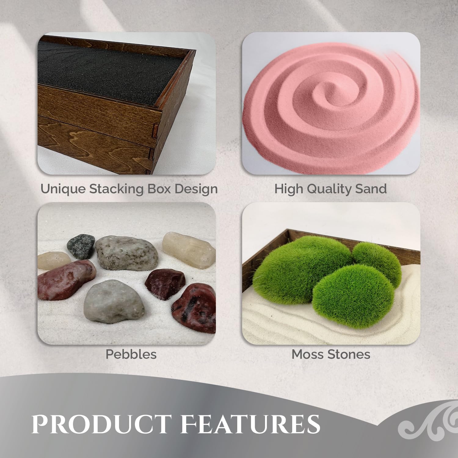 Wooden Stackable Zen Garden | Desert Rose Sand with Rake & Accessories | Minimalist Decor Gift for