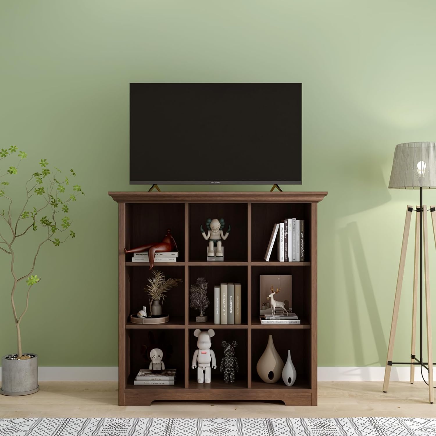 Cube Shelf Bookcase with Base - Wooden 3 Tiers Floor Standing Low Storage Cabinet for Home and