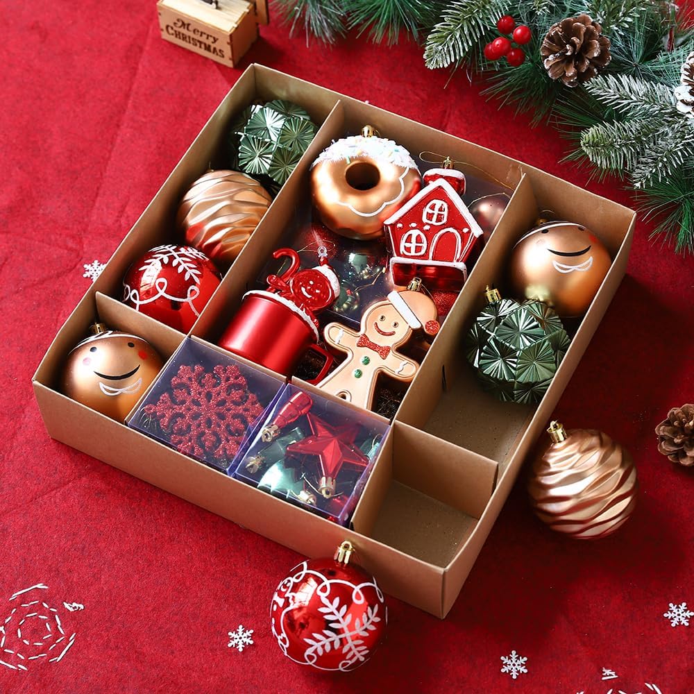Gingerbread Man Christmas Tree Ball Ornaments Set - 72 ct Red Green Copper Gold Plastic