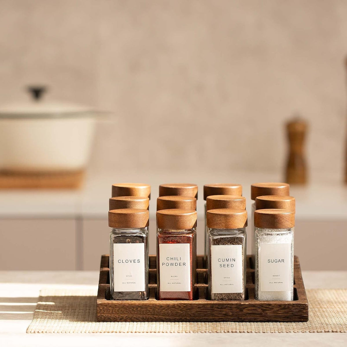 Yangbaga 24Pcs Glass Spice Jars with Labels-4oz Acacia Wood Lid Square Spice Containers and 2pcs