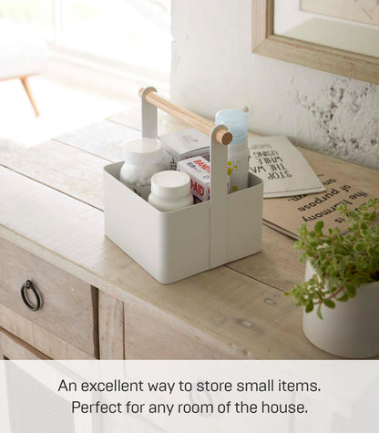 YAMAZAKI Home Tosca Storage Basket - Wood Handle Organizer - Small - Steel + Wood