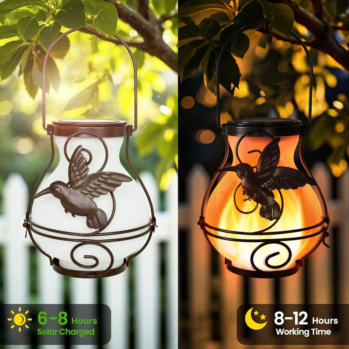 2 Pack Solar Lanterns Outdoor Waterproof Flickering Flame Lights Hummingbird Metal Hanging Solar