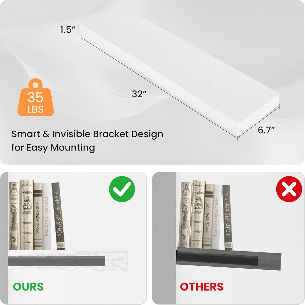Floating Shelves for Wall, 31.5" W x 6.7" D x 1.5" H, Wooden Wall Mounted Display Shelves with