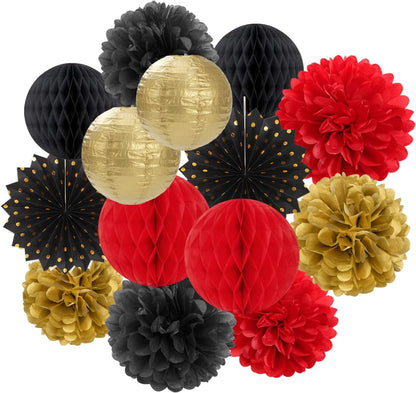 Red-Black Gold Party Decorations Streamers Lanterns - 14pcs Casino-Theme Graduation 2025 Paper