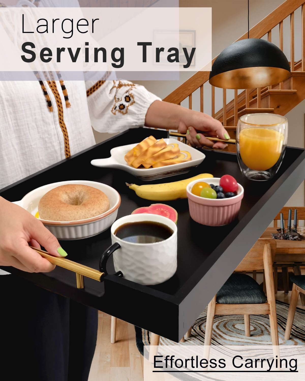 22 Inch Rectangle Black Ottoman Tray with Gold Metal Handles, Extra Large Wooden Serving Tray for