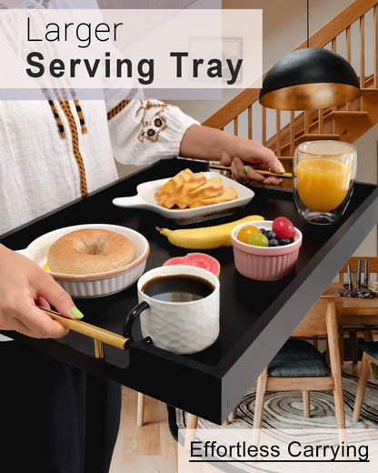 22 Inch Rectangle Black Ottoman Tray with Gold Metal Handles, Extra Large Wooden Serving Tray for