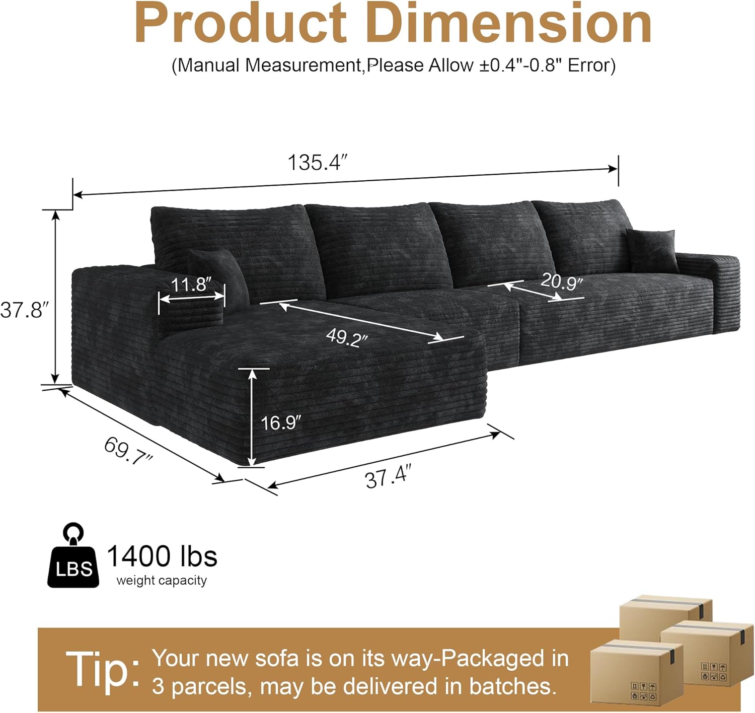 136" Sectional Couches for Living Room Modern Modular Sofa with L-Shape Couchs Upholstered Boneless