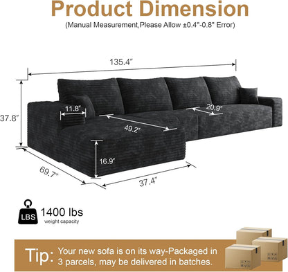 136" Sectional Couches for Living Room Modern Modular Sofa with L-Shape Couchs Upholstered Boneless