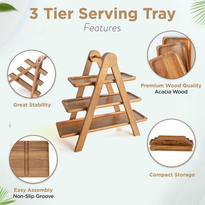 MAJURI 3 Tier Wooden Serving Tray, Set of 2 Tongs Free, Tiered Serving Trays & Platters for Party