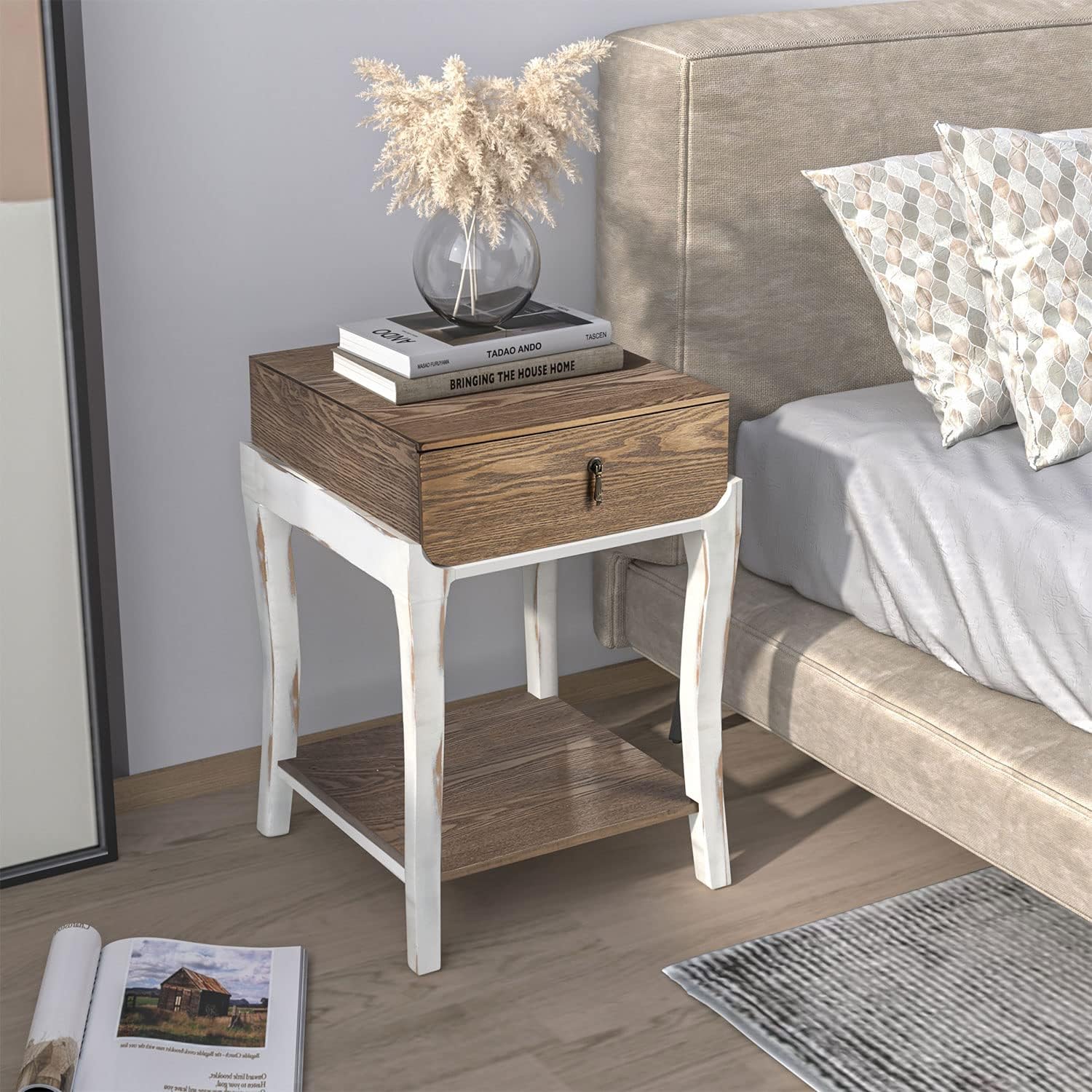 COSIEST Rustic Nightstand, 2-Tier Farmhouse Bedside Table, Wood Accent End Table with Storage