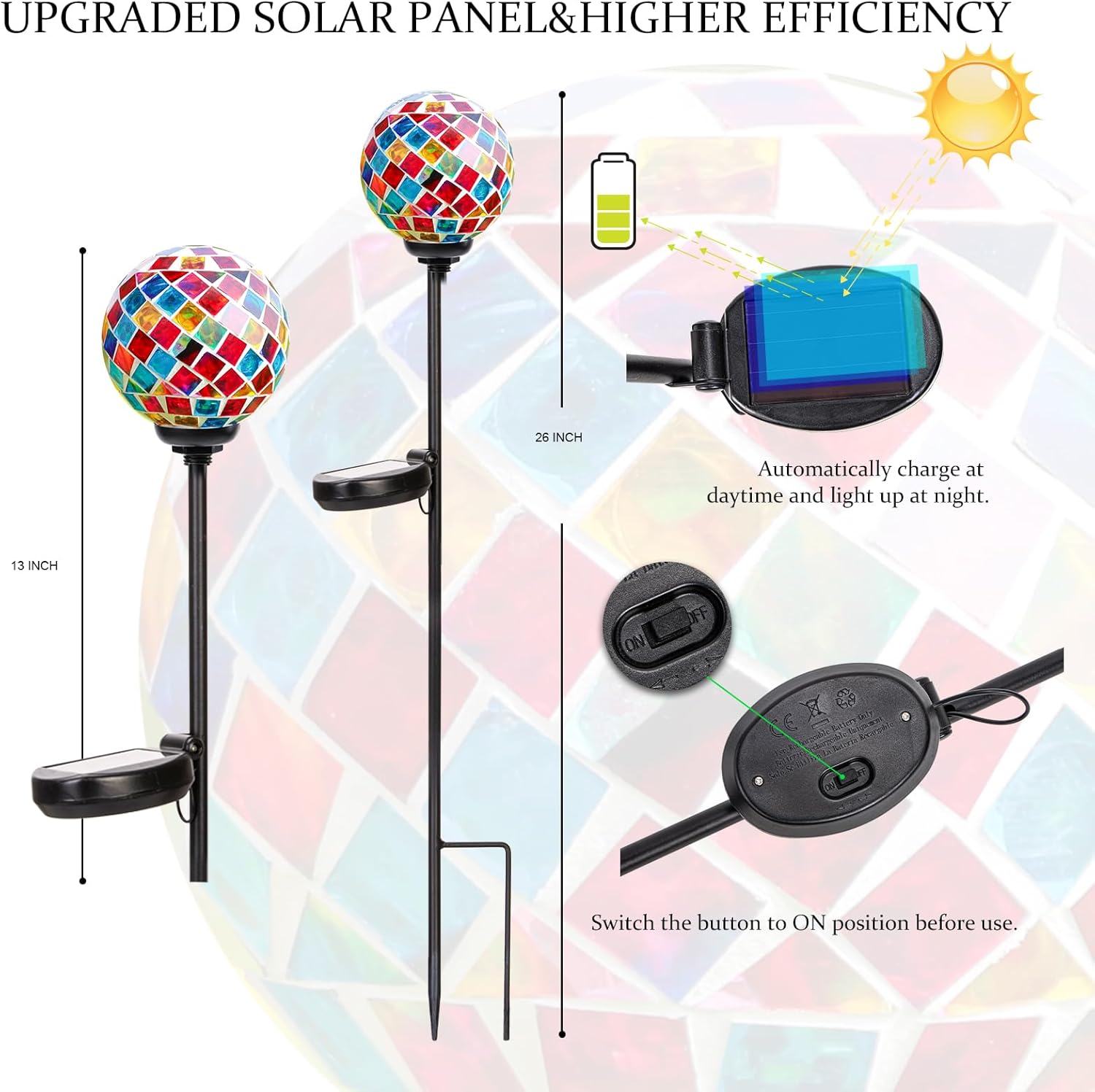 VCUTEKA Solar Garden Lights - Mosaic Solar Lights Outdoor Decor Pathway Light Waterpoof LED Stake