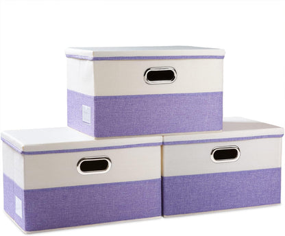 PRANDOM Large Foldable Storage Bins with Lids [3-Pack] linen Fabric Decorative Storage Boxes