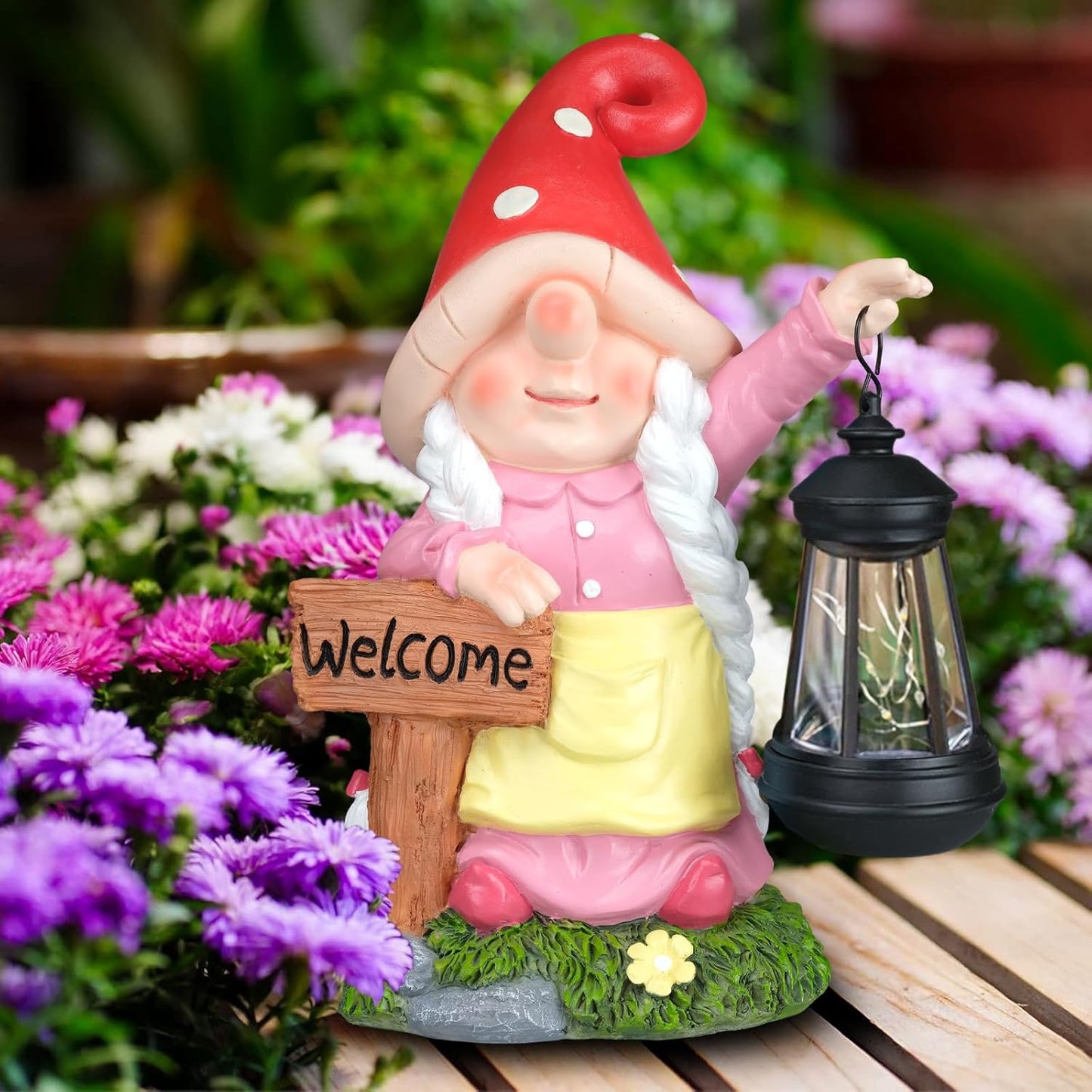 Solar Garden Gnome Statue Holding LED Lantern with Welcome Sign Outdoor Ornaments Waterproof