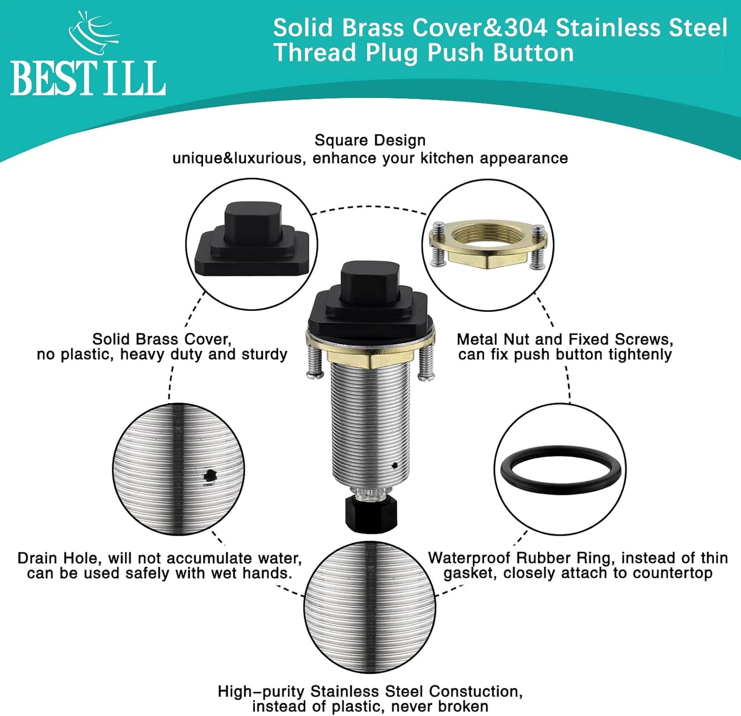 BESTILL Garbage Disposal Air Switch Kit, Square Raised Push Button Ideal for Long Nails, Cordless