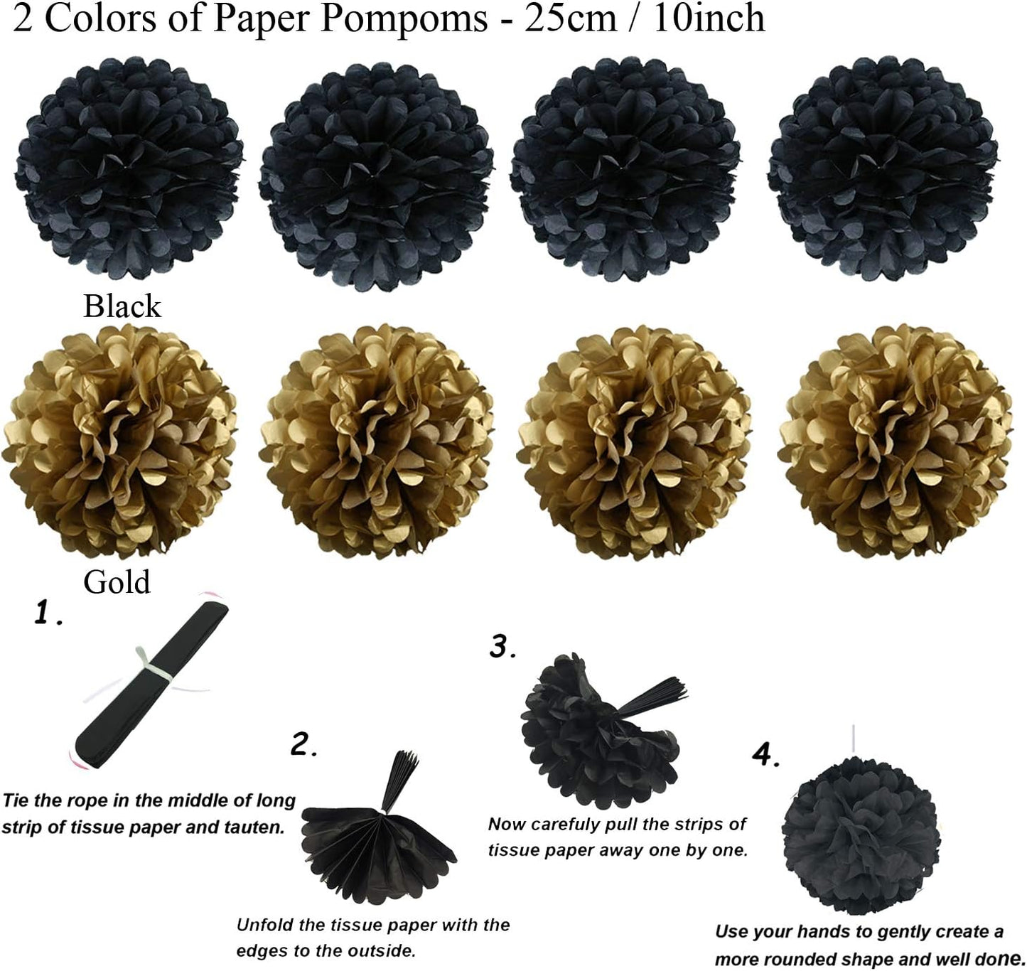 ZERODECO Party Decoration, 21 Pcs Black and Gold Hanging Paper Fans, Pom Poms Flowers, Garlands