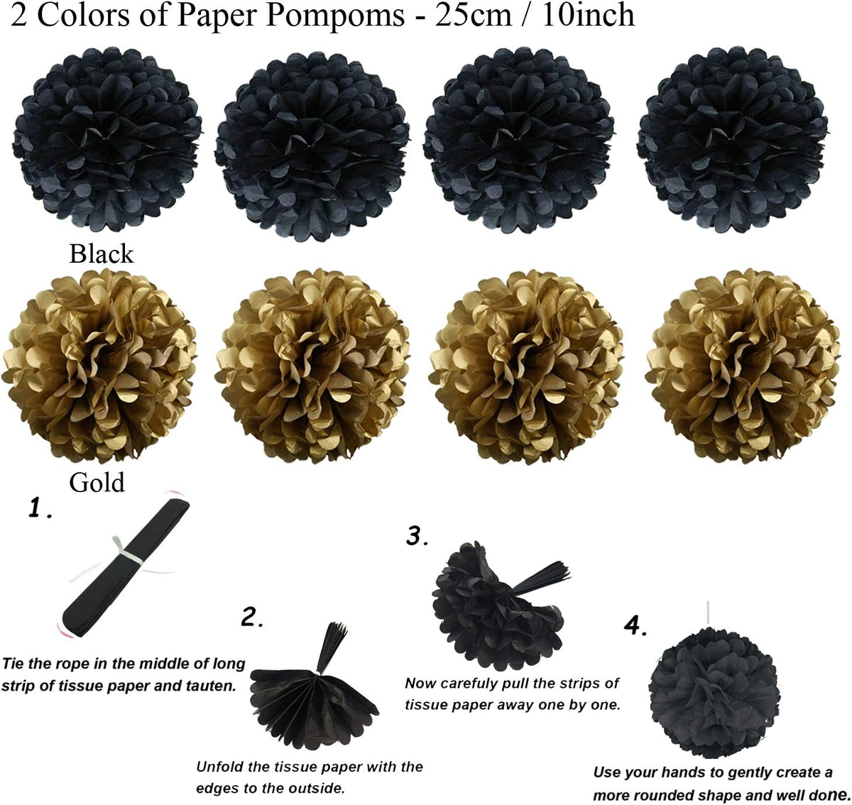 ZERODECO Party Decoration, 21 Pcs Black and Gold Hanging Paper Fans, Pom Poms Flowers, Garlands