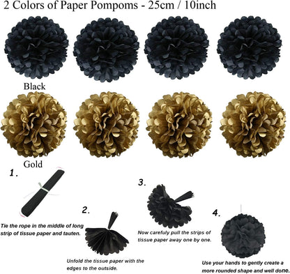 ZERODECO Party Decoration, 21 Pcs Black and Gold Hanging Paper Fans, Pom Poms Flowers, Garlands