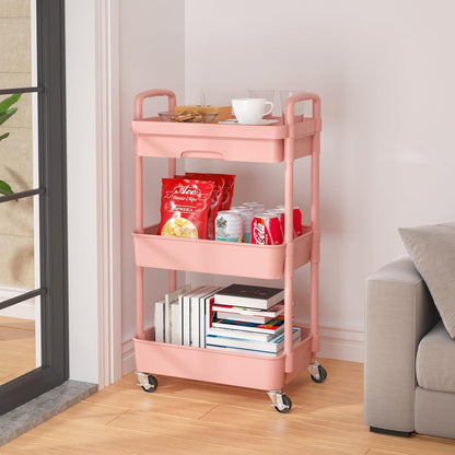 Calmootey 3-Tier Rolling Utility Cart with Drawer,Multifunctional Storage Organizer with Plastic