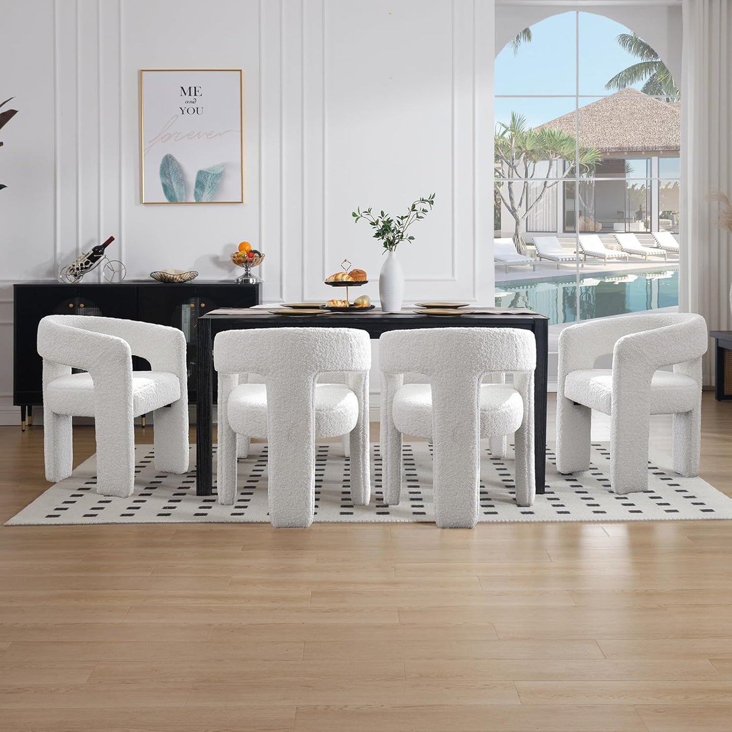 White Boucle Dining Chairs Set of 2, Modern Barrel Dining Room Chairs Upholstered Faux Fur Accent