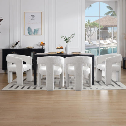 White Boucle Dining Chairs Set of 2, Modern Barrel Dining Room Chairs Upholstered Faux Fur Accent