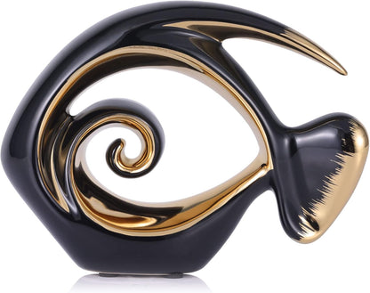 Black Gold Ceramic Fish Figurines - Coastal Home Decor, Modern Ocean Centerpieces for Living Room
