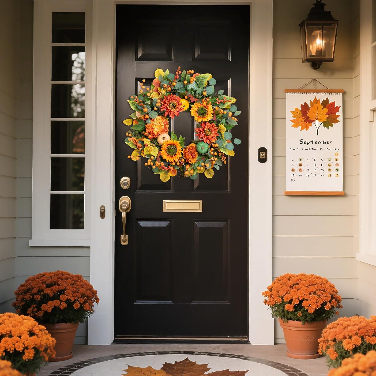 Fall Wreaths for Front Door 24 Inch Autumn Wreath with Sunflowers, Orange Dahlias, Maple Leaves &