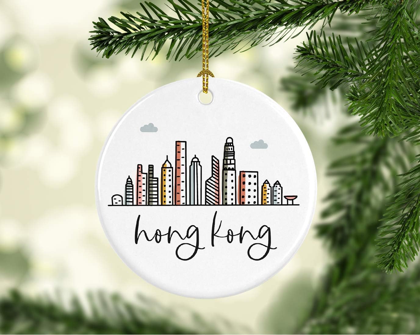 Andaz Press Round Ceramic Porcelain Christmas Tree Ornament Keepsake Gift, Hong Kong, Colorful