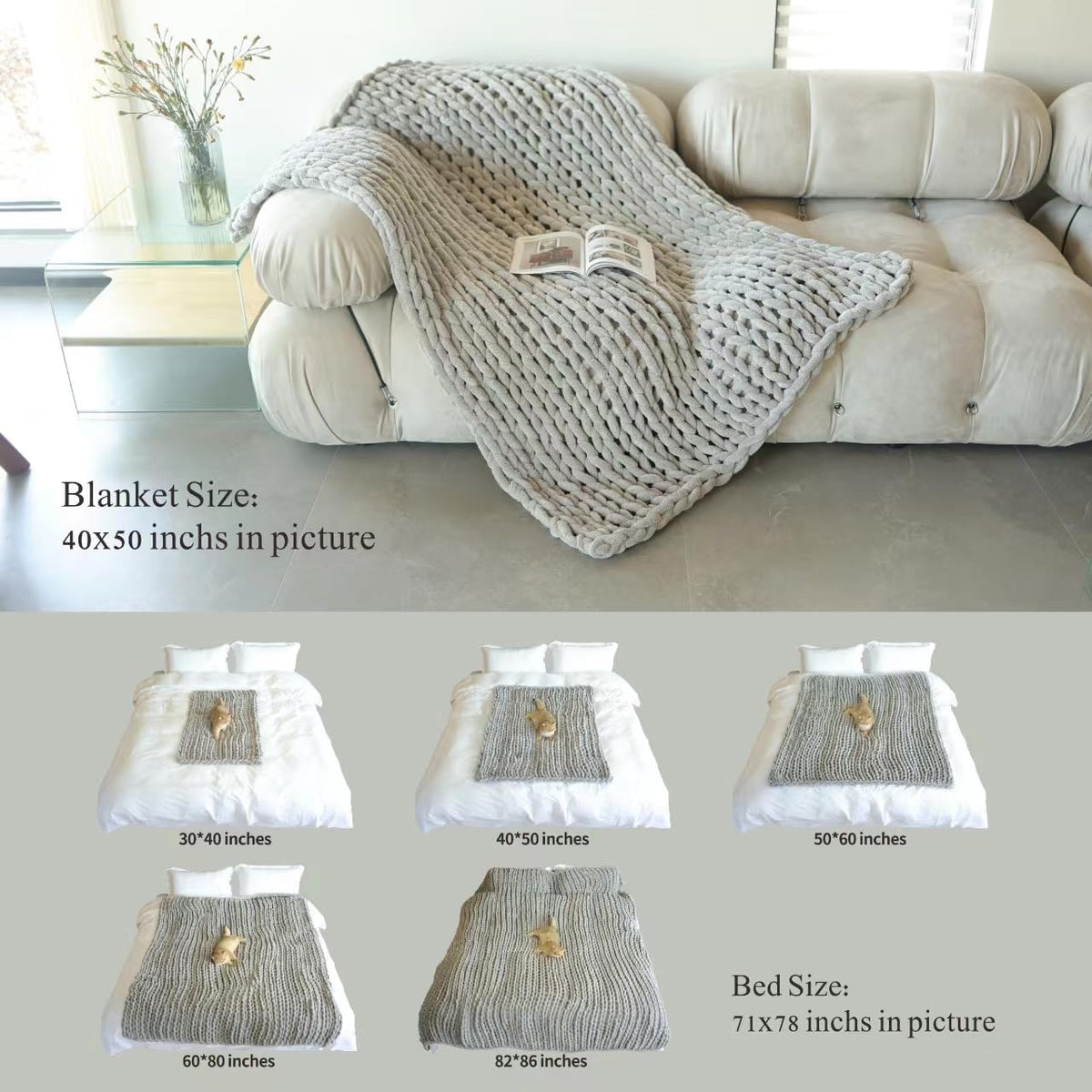 Maetoow Chenille Chunky Knit Blanket Throw （40×50 Inch）, Handmade Warm & Cozy Blanket Couch, Bed