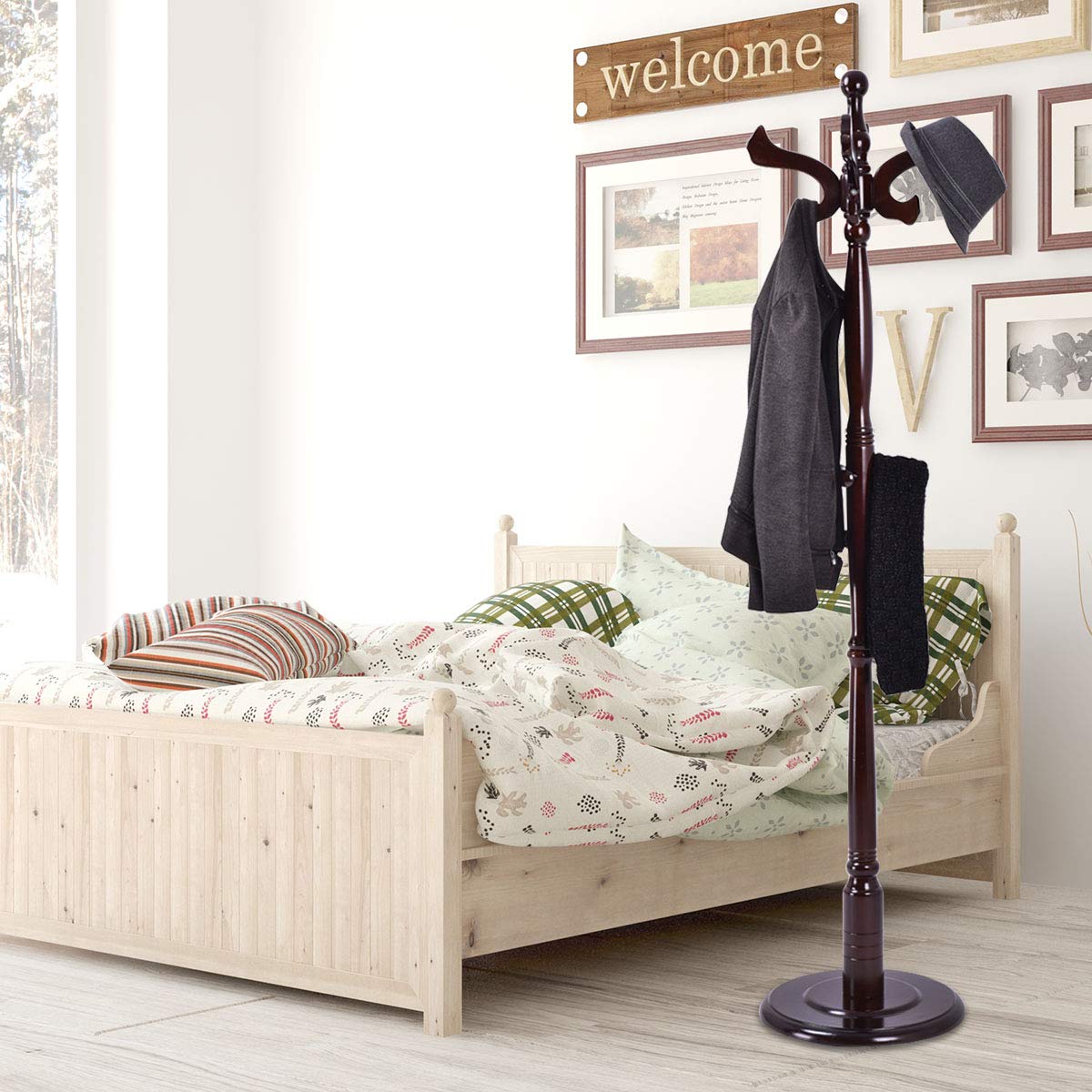 Tangkula 71" Free Standing Solid Wood Coat Hat Scarf Rack Hanger Tree Stand Home Furniture, Brown
