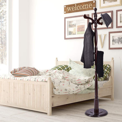 Tangkula 71" Free Standing Solid Wood Coat Hat Scarf Rack Hanger Tree Stand Home Furniture, Brown